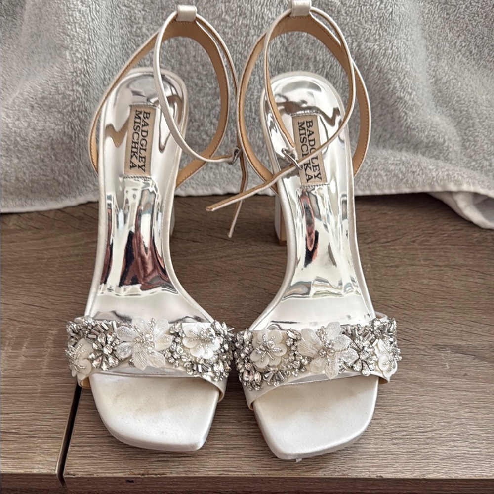 Badgley Mischka Silver Stiletto Heels with Crystal Embellishments